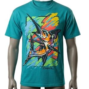 Vintage Hobie Swordfish Graphic T-Shirt Mens Large Teal Blue Made in USA Surf